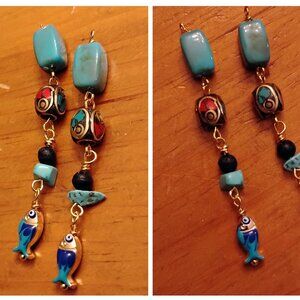 Bali Turquoise Inlay w fish Earrings
